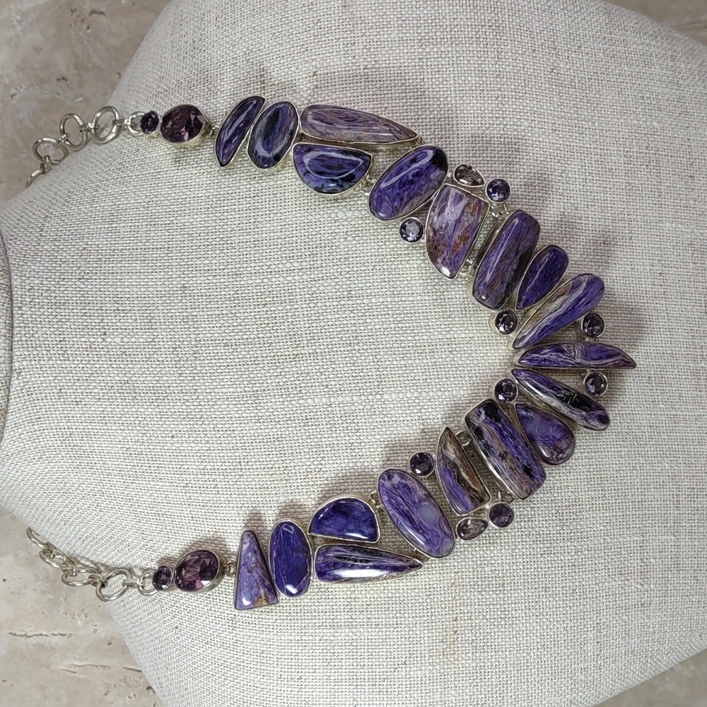Artisan Crafted Sterling Silver/Charoite/Amethyst Statement Necklace